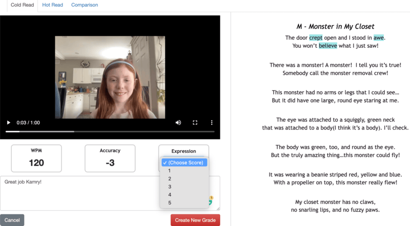 Fluency Grading Screen (Monster in My Closet)